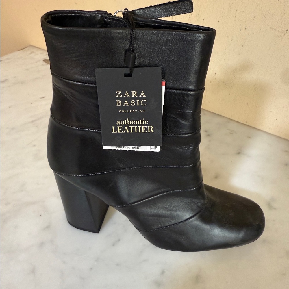 NEW Zara Black Leather Ankle Booties
